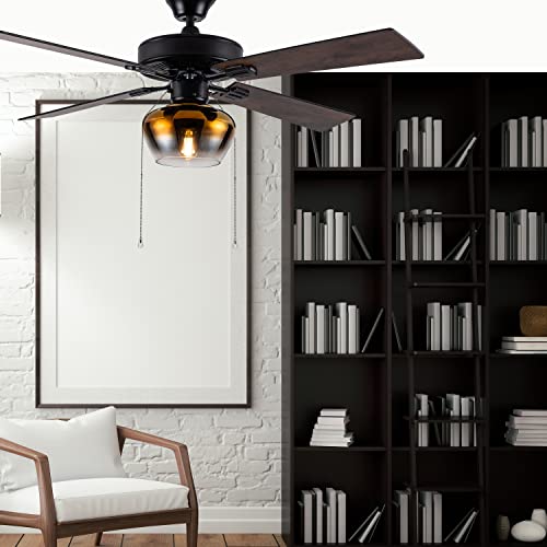 River Of Goods Transitional Glass Globe Led Ceiling Fan - 52" L X 52" W - Rich Barnwood/Black Fan Blades #TOP3