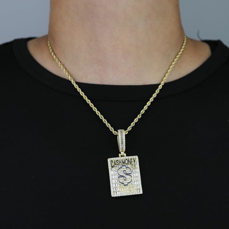 Hip Hop Cash Money Pendant Crown Dollar Shape Charm Necklace Gold Silver Plated Iced Out Bling Rectangle CZ Jewelry