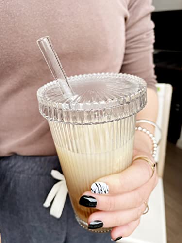 Lioong Crystal Stripe Glass Cup Juice Bottles Set Of 2,Mason Jar With Lip And Straw,Wide Mouth Water Drinking Cups For Juice Milk Coffee #TOP7