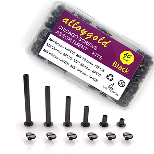 Alloygold 120 Pcs M5 x 6/10/20/30/40/50 Gun Black Phillips Chicago Screws Binding Screw Posts,Scrapbook Photo Albums Binding Screws Assorted Kit 6 Sizes for Leather Saddles Purses Belt Repair