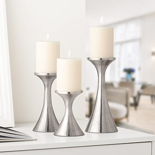 Torre & Tagus Tomar Metal Pillar Candle Holder Set Of 3 Silver Aluminum Candleholders In As Mantle Decor For Living Room, Table Decor For Dining Table, Modern Kitchen Decor, Wedding Decoration #TOP3