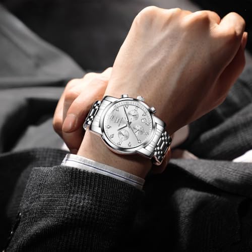 OLEVS Men's Chronograph Watch, Gold Silver Stainless Steel Analog Quartz Watch, Waterproof Multi-Function Dial with Date Diamond Watches for Men - Image 4