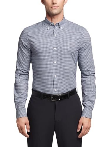 Tommy Hilfiger Men's Dress Shirt Slim Fit Non Iron Gingham, Navy, 14.5" Neck 32"-33" Sleeve
