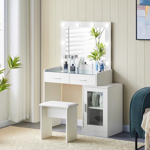 TUKAILAi Tocador con Espejo luz LED y Taburete