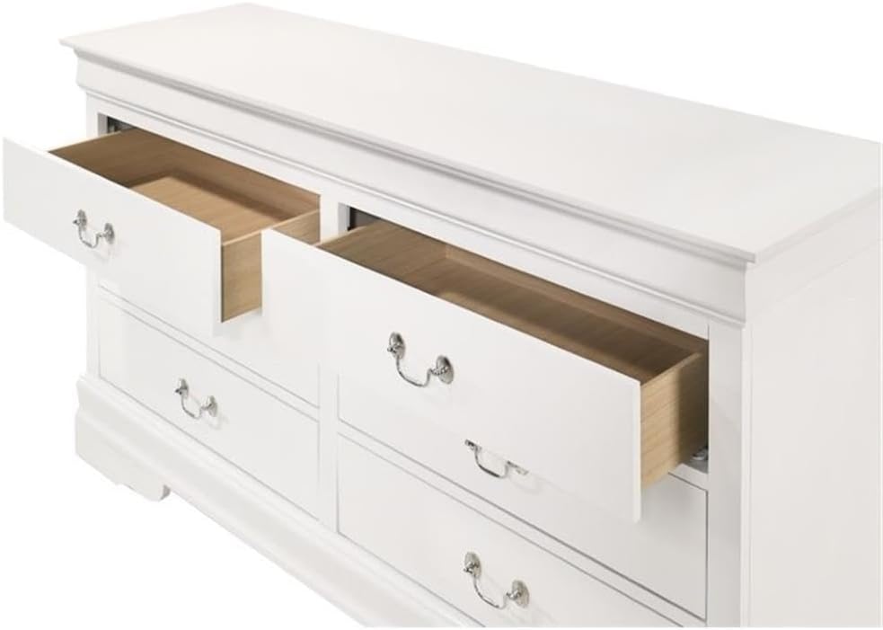BOWERY HILL Traditional 6 Drawer Dresser, 57" W x 33" H, Engineered Wood and Veneers, White Finish, Dovetailed Drawers, Carved Base, Fully Assembled Bedroom Storage Furniture