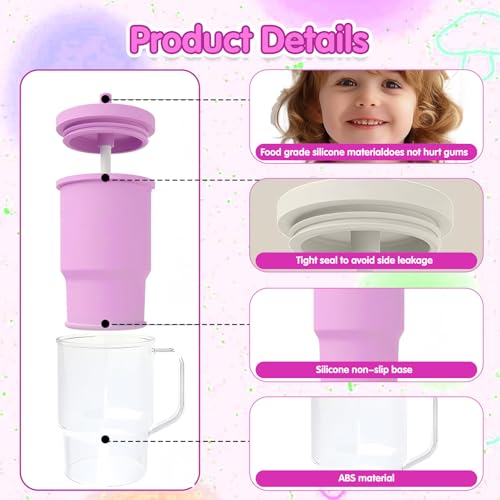 Avalessia Baby Straw Cups for Toddlers 1-3 with Silicone Straw and Handle, 8oz Spill Proof and Heat Proof,BPA Free Dishwasher Safe Mini Stanley Style Cup with Cartoon Stickers for Kids (Purple) — view 5