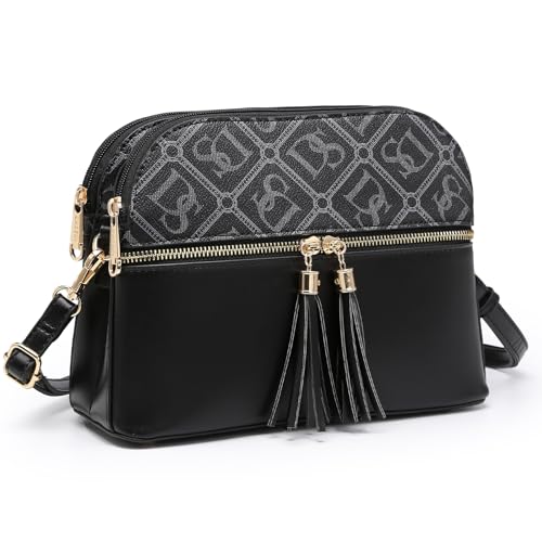 Dasein Women Tassel Zipper Pocket Crossbody Bag Shoulder Purse Fashion Travel Bag with Multi Pockets (3-DS Black)