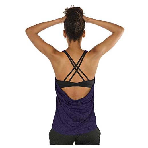 icyzone Dam sport yoga topp med bh – 2 i 1 fitnessskjorta cross back bh träning linne, lila, L