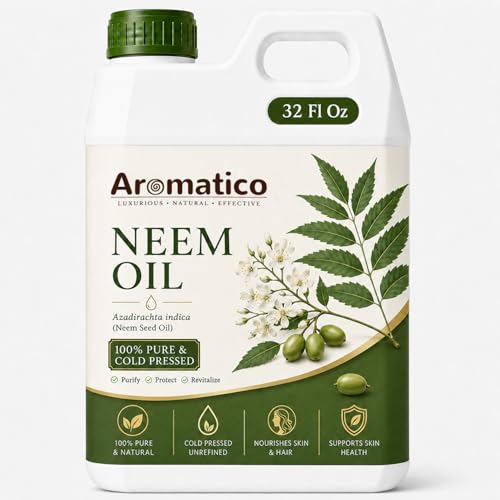 Image of AROMATICO Neem Oil for Skin, Hair and Body Care, Multipurpose Carrier Oil for Massage, Scalp Care, Dry Skin Routine, DIY Beauty and Natural Glow - 946 ml