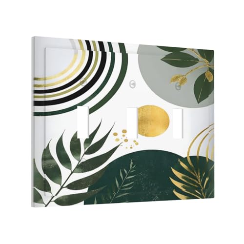 Decorative Light Switch Cover Plate Boho Green Leaves Bohemian Gold Sun 3 Gang Wall Plate Oversized Triple Toggle Switch Cover Plate Jumbo Faceplate for Bedroom Decor