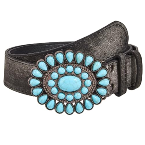 Womens Vintage Leather Belt with Western Turquoise Buckle| Distressed Stitching Strap Accessory for Dresses,Jeans(105cm/waist:34
