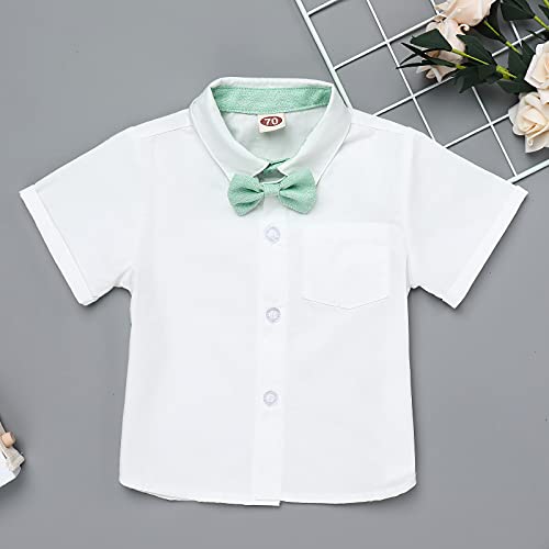 Baby Boys Formal Suit Gentleman Bowtie + Summer Short Sleeve T-Shirt Top+ Suspenders Shorts Button Bib Pants Wedding Tuxedo Outfits Birthday Cake Smash Christening Clothes 3Pcs Set Green 0-6 Months #TOP2