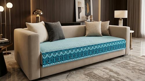 Image of Velvet Quilted Sofa Cover Mat Seat & Back, 2 Pc Arm, Arm L23in H32in, Italian Blue Color,Anti Skid Backing, 6in Hanging Strap Design, Washable Soft, Style -ItalianBlue-ARM2