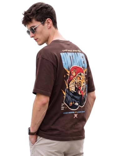 Image of Veirdo Men Bold Front & Back Printed Oversized Fit T-Shirt for Men, Cotton Fabric, Drop-Shoulder Streetwear Casual Graphic Tee, Stylish & Comfortable (OS VD UNTM BRN S)