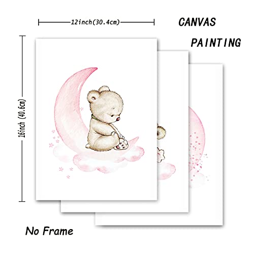 Cartoon Animal Canvas Wall Art Baby Bear Painting Pink Moon Star Cloud Artwork Cute Animal Prints Baby Bear Pictures Cartoon Bear Poster For Girls Children Room Nursery Artwork 12X16Inch X3 Unframed #TOP1