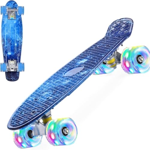 ERNAN 22 inch Skateboards for Kids,Cruiser Skateboard,Skateboards for Kids Teens Adults & Beginners, PU LED Flashing Wheels with All-in-One Skate T-Tool (deep blue)