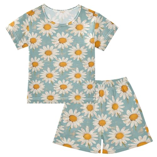 ALAZA Vintage Daisy Flowers Blue Pajama Set Short Sleeve Sleepwear Soft Lounge Nightwear