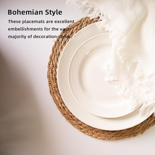 Image of 13 Inch Round Woven Plate Placemats Set of 15, Farmhouse Rustic Straw Braided Chargers Place Mats, TwinnekYR Large Boho Cattail Weave Table Mats, for Dining Plates Table Decor Home Wedding Party