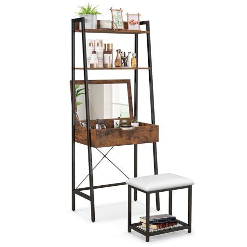 HOMASIS Mesa de Tocador con Taburete Acolchado, Tocador de Maquillaje con Espejo Reversible, Escritorio con estantes Dobles y 4 Compartimentos Ocultos, 64,5x39,5x164,5 cm (Negro + Marrón Rústico)