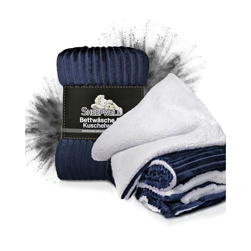 Sheepwell® Flauschige Plüsch Bettwäsche Navy Blue weiß Bettwäsche 135x200, Kissenbezug 80x80 Winterbettwäsche, Kinderbettwäsche, Fellbettwäsche kuschelig warm, Flanell, kuschelweich, bügelfrei