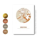 Boston Wandbild Stadtposter Stadtplan Rund - Wähle aus Rose Gold Silber Kupfer - A4 A3, Personaliserte City Map Einweihungsgeschenk Dekoration Wand-Deko Wohnzimmer Andenken Heimatstadt
