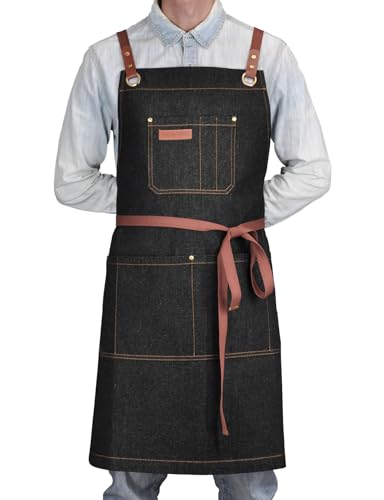 DingSay Trendy Professional Black Denim Apron with Pockets for Cooking Chef Kitchen Grill BBQ Hairstylist Painting, Mens Womens Apron with Leather Cross Back Straps