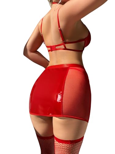 Image of Foxiny Sexy Cutout Halter Underwire Leather Mesh Sheer Mini Skirt Stocking Lingerie Set 4 Piece Outfits