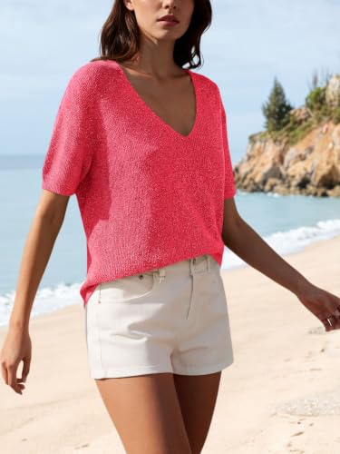 Image of Saodimallsu Womens Short Sleeve Sweater Summer V Neck Casual Tops Lightweight Loose Knit Pullover Shirts