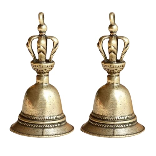 2Pcs Retro Copper Bell Wind Chimes,Demon Subduing Bell Creative Solid Brass Bell Handicraft Tibetan Bronze for Decoration Car Pendant Small Circle Hand Bells and Chimes (4.7cm*2.5cm
