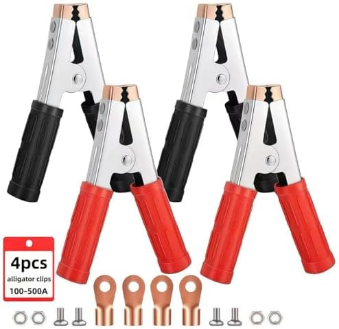 4-Pack Large Size Insulated Alligator Clips Electrical, 500A Spring Loaded Battery Charger Clamps for Car/Truck Battery & Industrial Electric Testing (Black and Red)