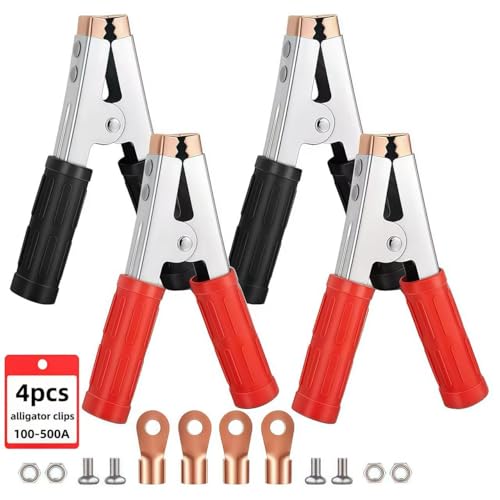 4-Pack Large Size Insulated Alligator Clips Electrical, 500A Spring Loaded Battery Charger Clamps for Car/Truck Battery & Industrial Electric Testing (Black and Red)