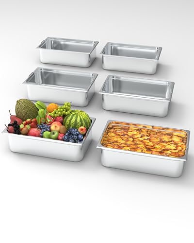 EcoExplorer 6 Pack Full Size Food Pan, 6 Inch Deep Commercial Catering Hotel Pan, NSF Certified, 304 Stainless Steel Anti-Jamming Steam Table Pans, with Handle