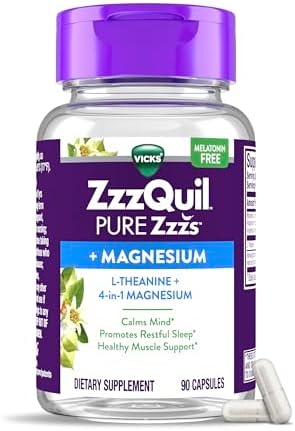ZzzQuil Pure Zzzs, +Magnesium Capsules, L-Theanine and Magnesium, Sleep Aid, 4-in-1 Magnesium: Citrate, Bisglycinate, Oxide, and Carbonate, Sleep Aids for Adults, 90 Sleep Capsules