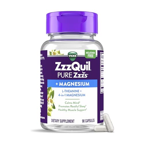 ZzzQuil Pure Zzzs +Magnesium Capsules L-Theanine and Magnesium Sleep Aid 4-in-1 Magnesium: Citrate Bisglycinate Oxide and Carbonate Sleep Aids for Adults 90 Sleep Capsules