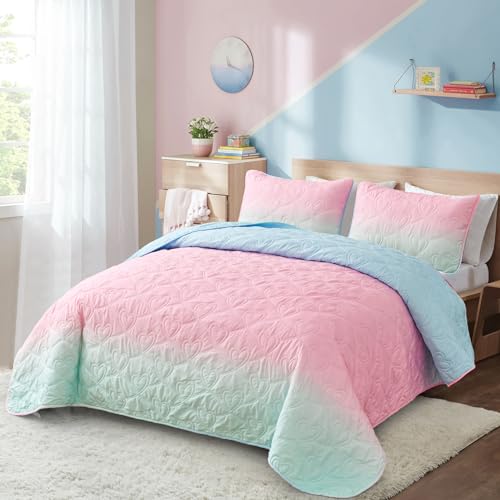 Xruibed Pink Quilt Set Queen Ombre Blue Pink Mint Quilt Sets Kids Girls Bedding Set 3Pcs Summer Reversible Lightweight Microfiber Bedspread Coverlet Sets For All Season  thumb #1