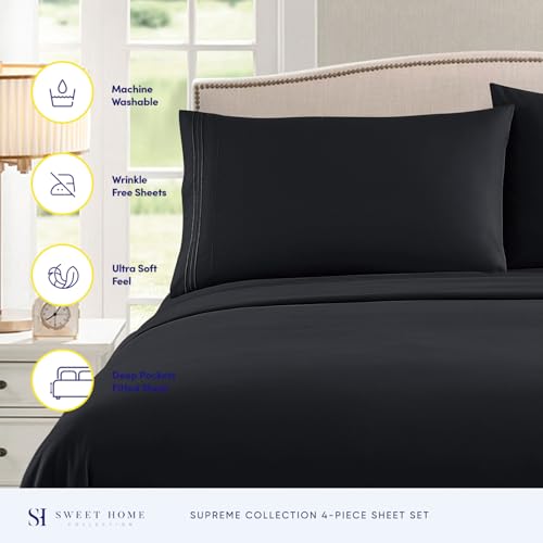 Split King Sheets - Breathable Luxury Sheets with Full Elastic & Secure Corner Straps Built In - 1800 Supreme Collection Extra Soft Deep Pocket Bedding Set, Sheet Set, Split King Size, Black by Sweet Home Collection - Used condition - Image 2