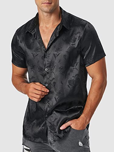 ZAFUL Mens Silky Satin Dress Shirt Short Sleeve Floral Print Jacquard Button Up Shirt Summer Holiday Party Fashion Shirt2