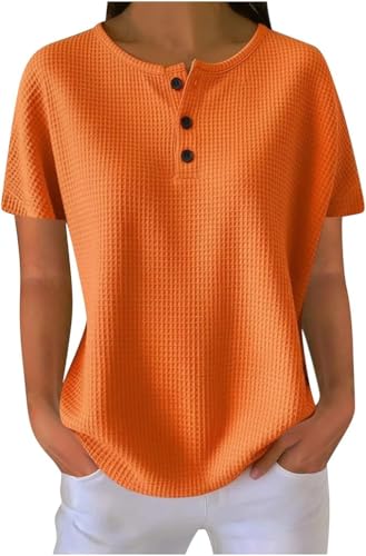 Kenhansion Women Short/Long Sleeve Waffle Knit Tops Dressy Blouses Casual V Neck Button Shirts Basic Drap Shoulder Basic Tee (Orange 2,Small)