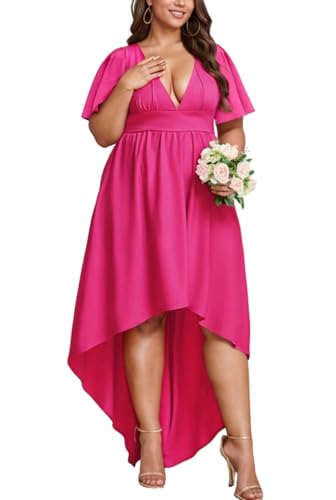 Image of Elegant Dresses Formal Evening Cocktail Long Maxi Wedding Party Dress Sexy V Neck Ruffle Sleeve Hi Low Flowy Gowns