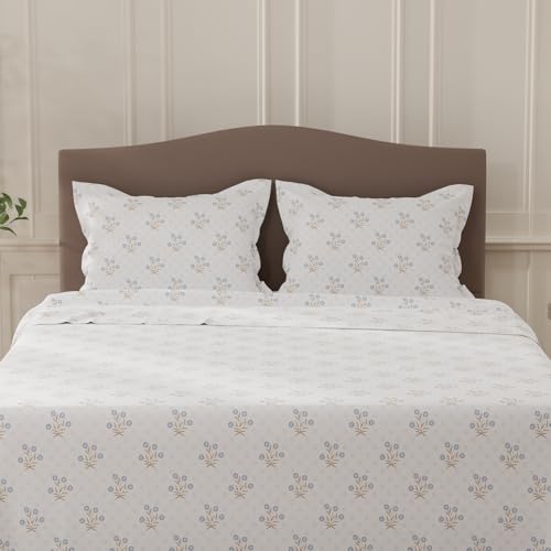 Image of Layers 100% Cotton Bedsheet for Double Size Bed | Lumina Floret Collection | 144 TC Soft & Breathable | Floral Print with 2 Pillow Covers | Wrinkle Free | 3 Piece Bedding Set - Blue & White