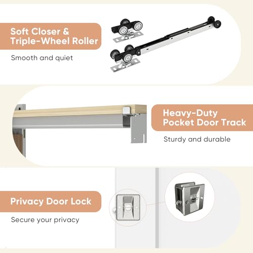 Image of BARNSMITH 28in x 80in 1-Panel White Paintable Sliding Pocket Door | Pocket Door Hardware with 1-Panel Door Slab & Satin Nickel Privacy Latch, Soft Close Mechanism, Durable and Smooth