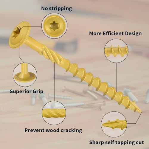 40 Tornillos heavy-duty para madera 1/4 x 4 con cabeza flangeada, sistema de apriete Torx, recubiertos en epoxi amarillo, punta auto perforante afilada miniatura 4