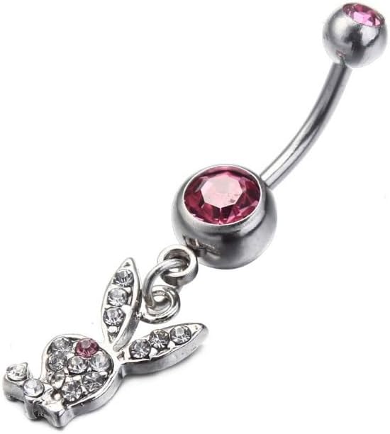 Stainless Steel Pink Bunny Belly Button Ring Multi Rhinestone Paved 316L Surgical Steel Rabbit Navel Belly Button Ring
