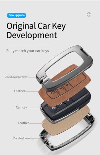 Image of Zinc Metal Alloy Leather Car Key Cover & Case Brown with Keychain & Holder Compatible for Maruti Suzuki Invicto (3 Button Push Smart Key)