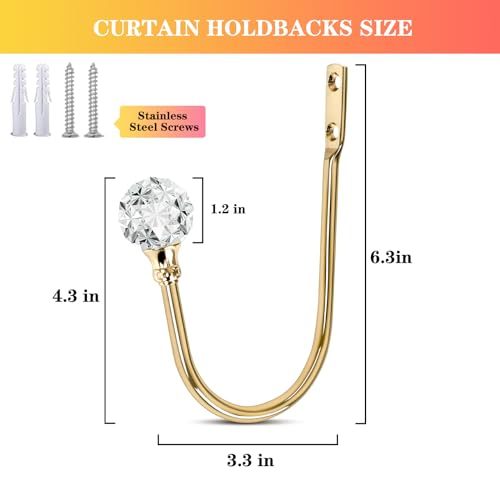 KOLAKO Curtain Holdbacks, 6 Pack Curtain Tiebacks with Crystal Ball, Wall Mounted Decorative Metal Heavy Duty Window Drapery Holders Pull Backs for Heavy Drapes, Curtain Tie Backs Hooks (Rose Gold