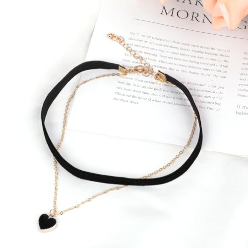 Yolev Schwarze Samt Choker Halskette Elegantes Herz Anhänger Halsband Verstellbare Geschichtete Halskette Punk Gothic Schmuck für Damen und Mädchen