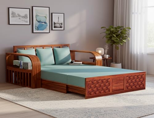 Image of APRODZ Solid Sheesham Wood Sofa Cum Bed 3 Seater Velevt Fabric with Blue Upholstery & Cushion Perfect Sofa Furniture for Home Living Office Room and Guests (Honey Finish 75x69x30-Inch)