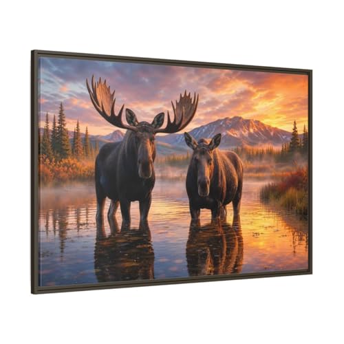 Tableau original grand format élan coucher de soleil salon toile encadrée 120x80cm marron