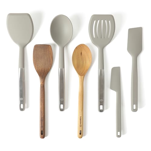 Image of Calphalon Prime 7-Piece Silicone and Teak Wood Kitchen Tool Set, Stainless Steel Kitchen Utensil Set, Kitchen Spoon And Spatula Set, Heat Resistant Non-Slip Kitchen Gadgets Set - Taupe