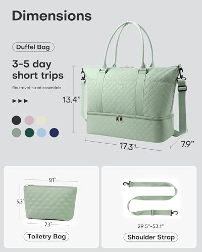 Image of HOTOR Travel Duffel Bag - Weekender Bags for Women, Carry On Gym Tote Bags | with Toiletry Bag & Shoe Compartment, Overnight Bag for Travel Essentials and Travel Accessories, Green, 13.4 inchx17.3 inchx7.9 inch